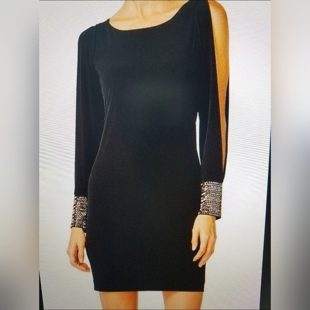 Calvin Klein Black Embellished Long Sleeve Sheath Dress